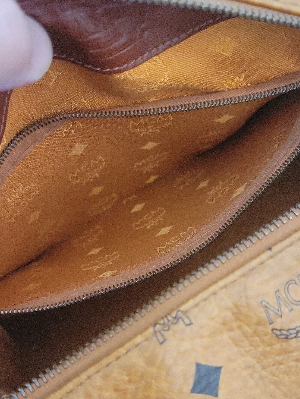 MCM Cognac Visetos Boston Satchel with Brown Accents